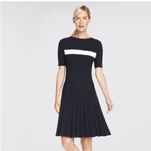 DRAPER JAMES Mohair Striped Pleated Navy Blue Sweater Knit Dress XSMALL